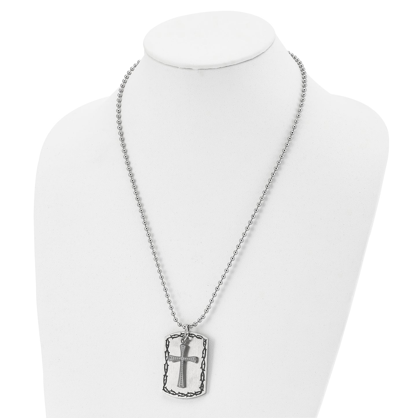 Stainless Steel Chisel Antiqued Brushed And Polished 2 Piece Textured Cross Dog Tag On A 22 Inch Ball Chain Necklace