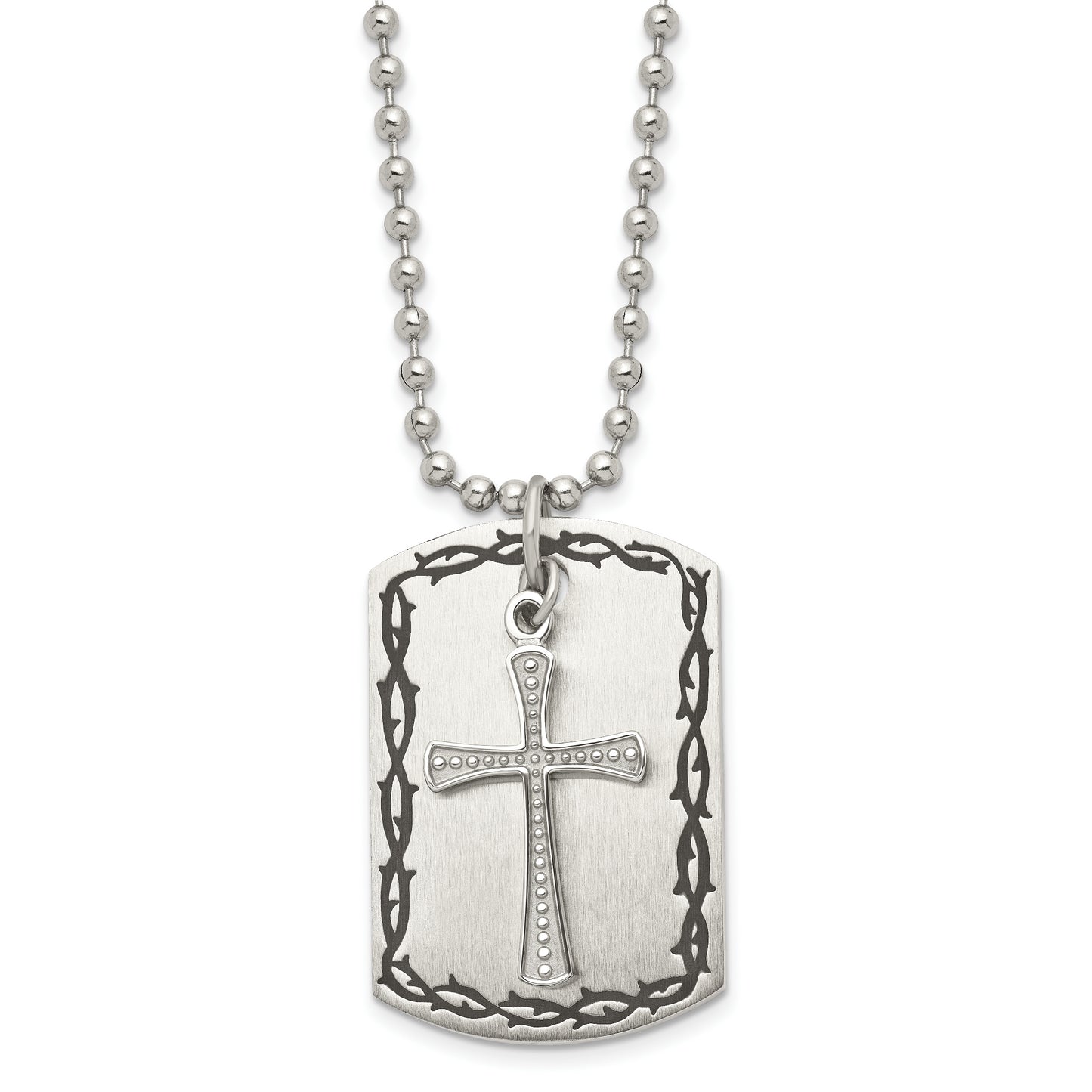 Stainless Steel Chisel Antiqued Brushed And Polished 2 Piece Textured Cross Dog Tag On A 22 Inch Ball Chain Necklace