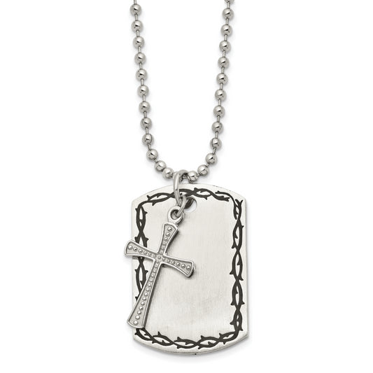 Stainless Steel Chisel Antiqued Brushed And Polished 2 Piece Textured Cross Dog Tag On A 22 Inch Ball Chain Necklace