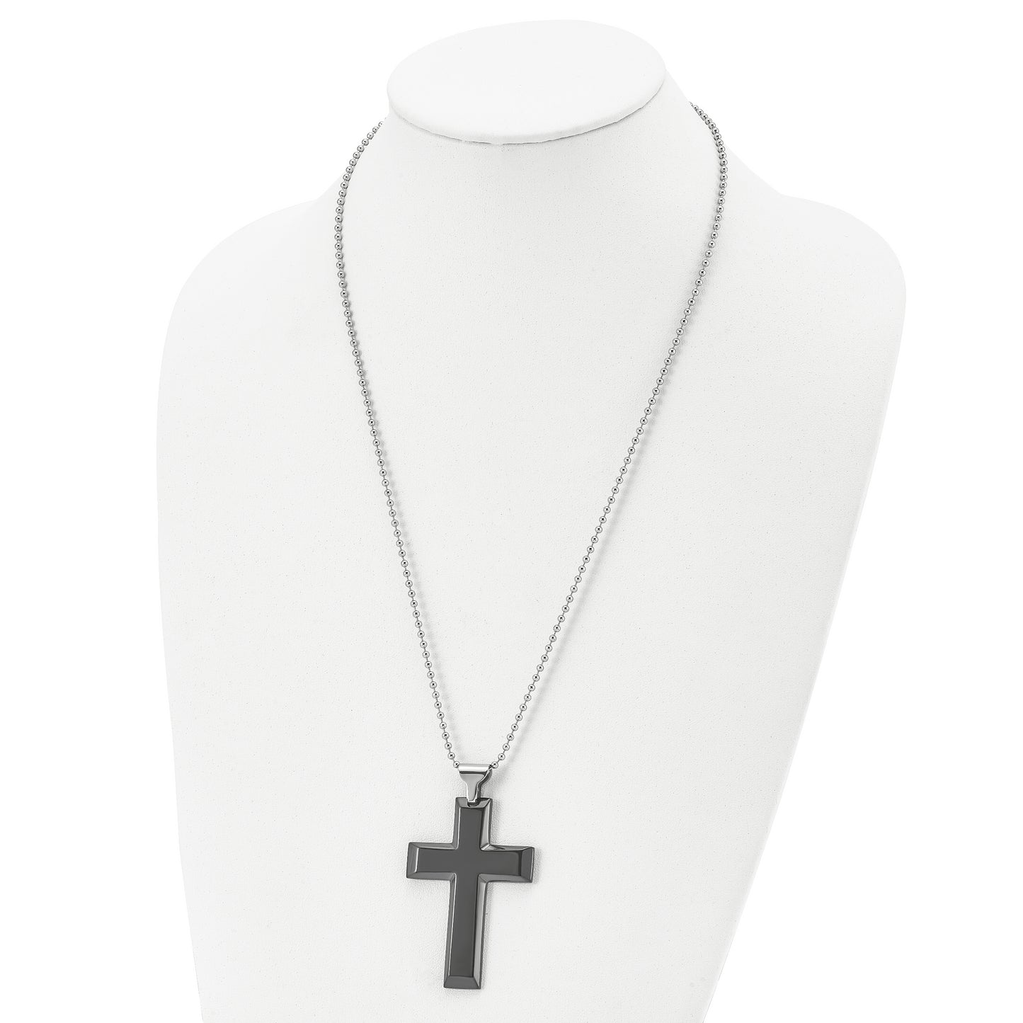 Stainless Steel Chisel Polished Black Ip-Plated Large Cross Pendant On A 24 Inch Ball Chain Necklace