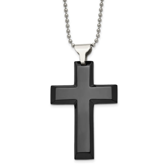 Stainless Steel Chisel Polished Black Ip-Plated Large Cross Pendant On A 24 Inch Ball Chain Necklace