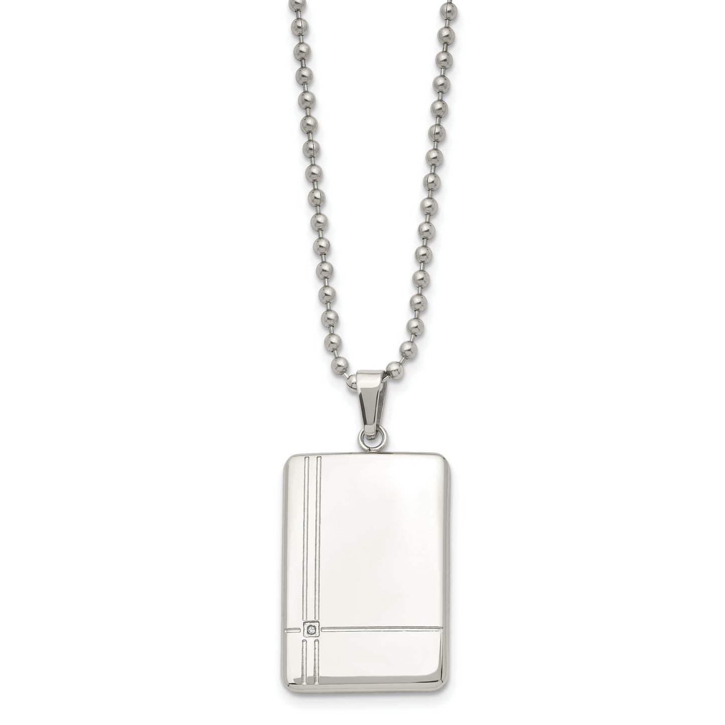 Stainless Steel Chisel Polished With Cz Dog Tag On A 22 Inch Ball Chain Necklace