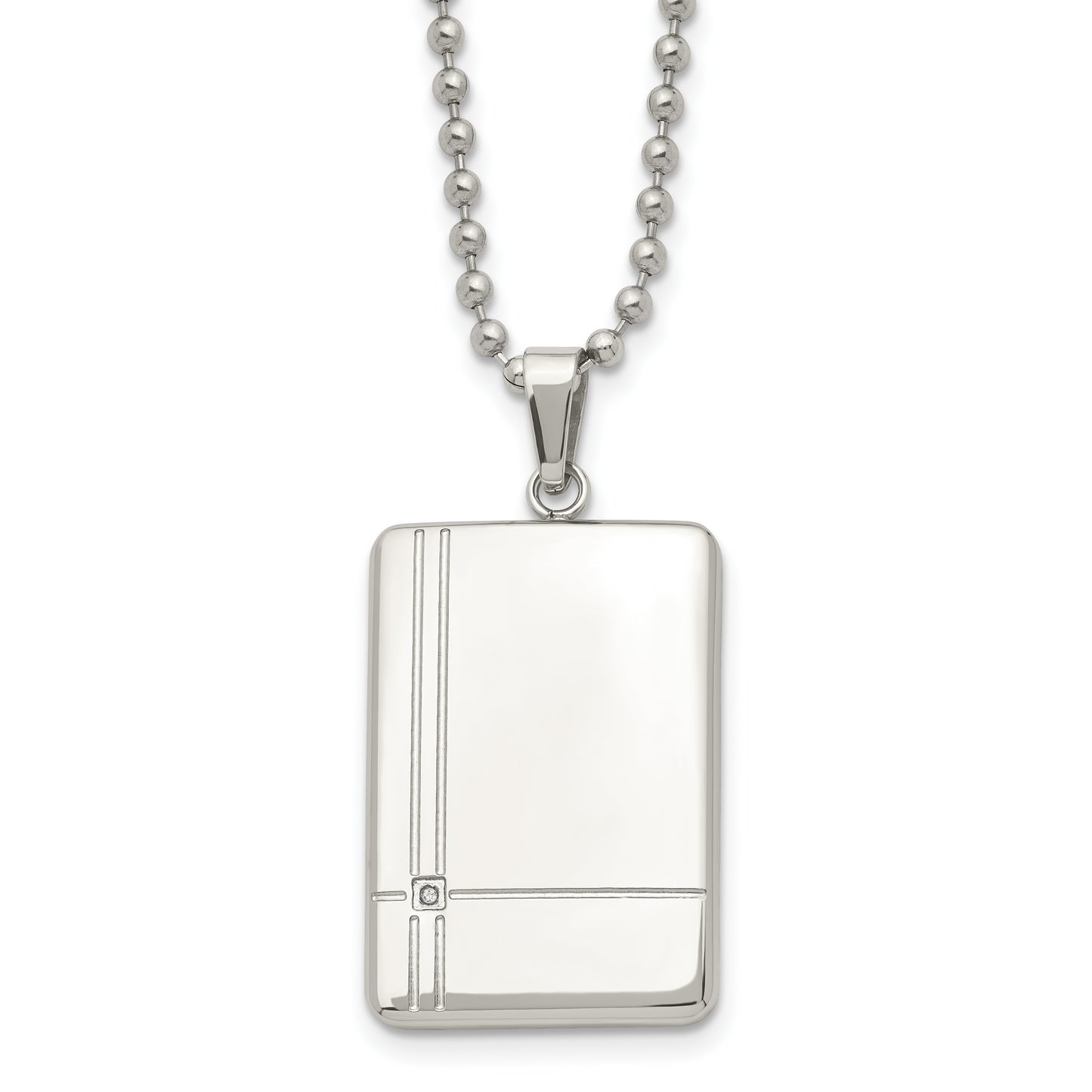 Stainless Steel Chisel Polished With Cz Dog Tag On A 22 Inch Ball Chain Necklace