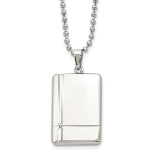 Stainless Steel Chisel Polished With Cz Dog Tag On A 22 Inch Ball Chain Necklace