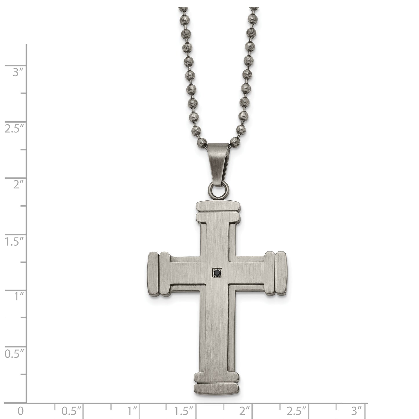 Stainless Steel Chisel Antiqued Brushed And Polished With Black Cz Cross Pendant On A 22 Inch Ball Chain Necklace