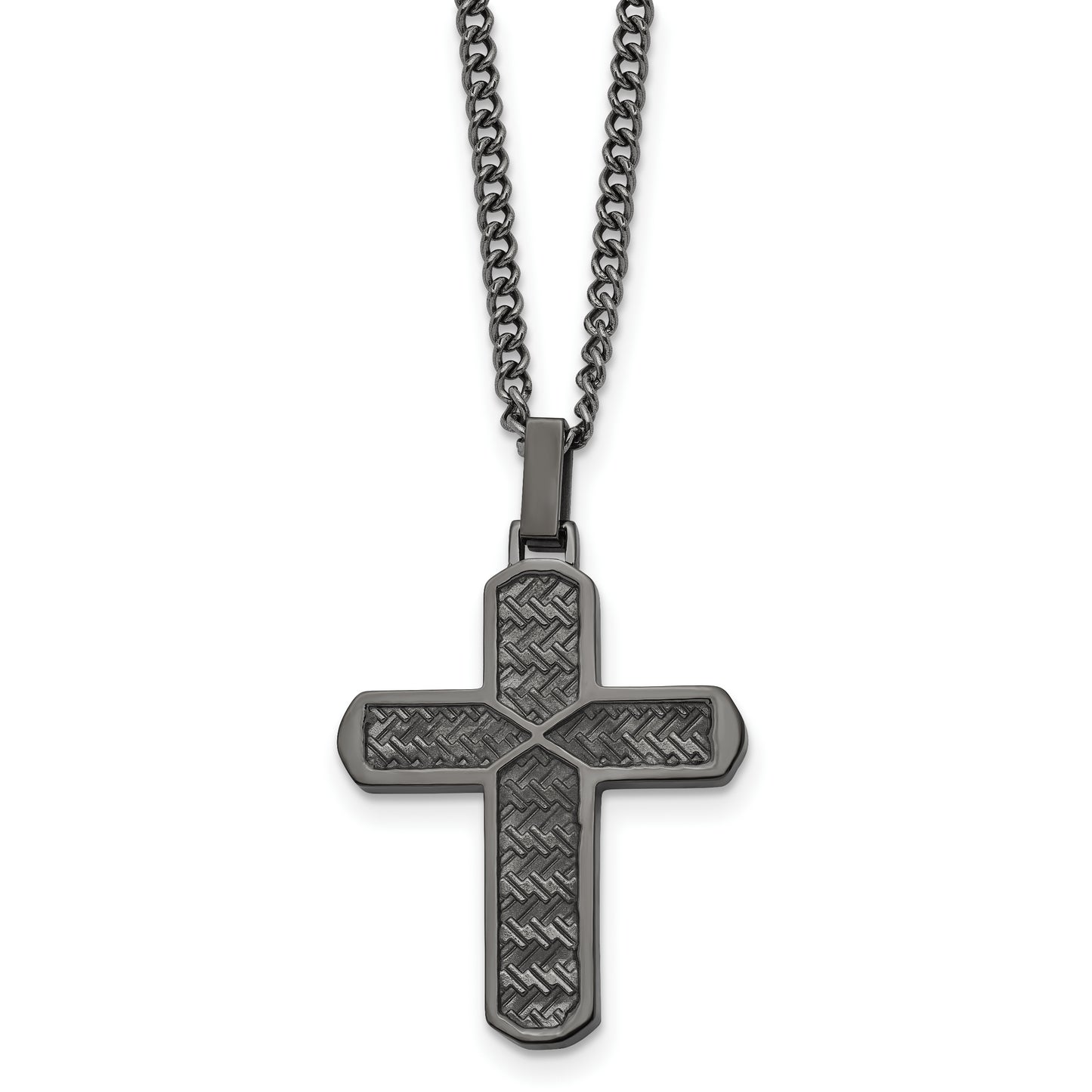 Stainless Steel Chisel Polished And Textured Gun Metal Ip-Plated Cross Pendant On A 22 Inch Curb Chain Necklace