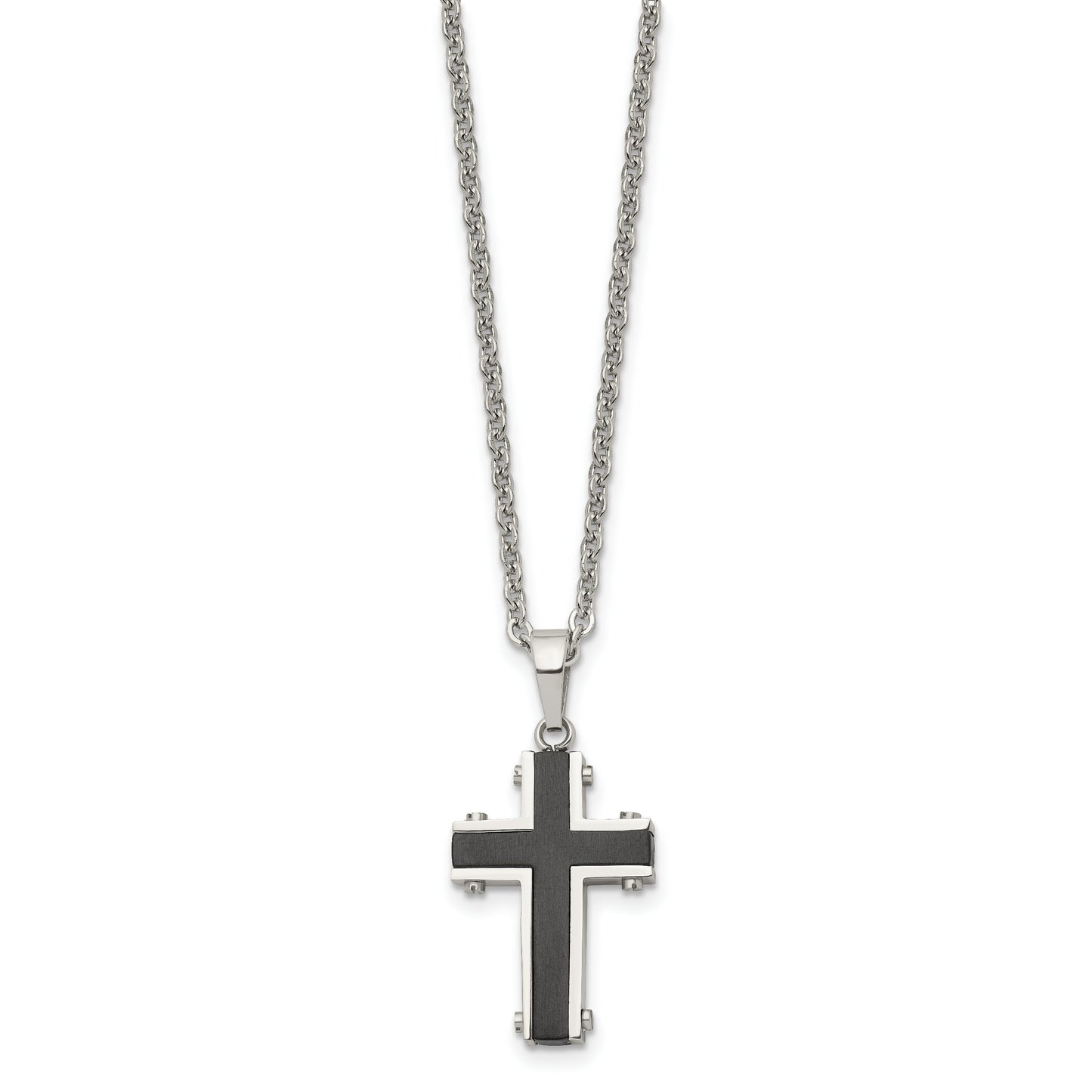 Stainless Steel Chisel Polished Black Ip-Plated Cross Pendant On A 22 Inch Cable Chain Necklace