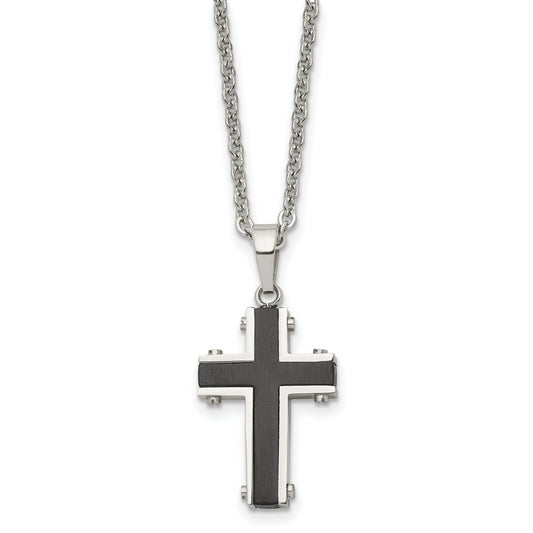 Stainless Steel Chisel Polished Black Ip-Plated Cross Pendant On A 22 Inch Cable Chain Necklace