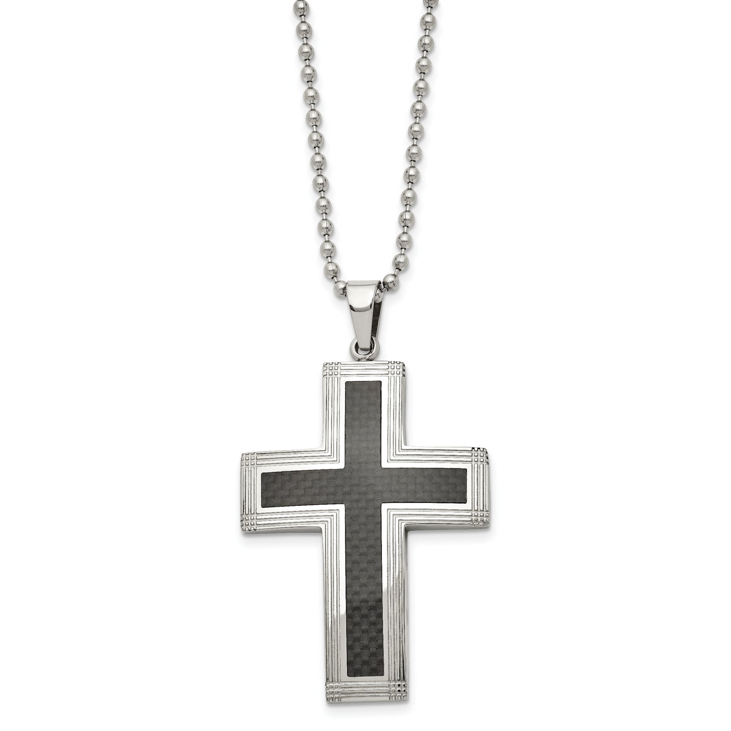 Stainless Steel Chisel Polished With Black Carbon Fiber Inlay Cross Pendant On A 22 Inch Ball Chain Necklace