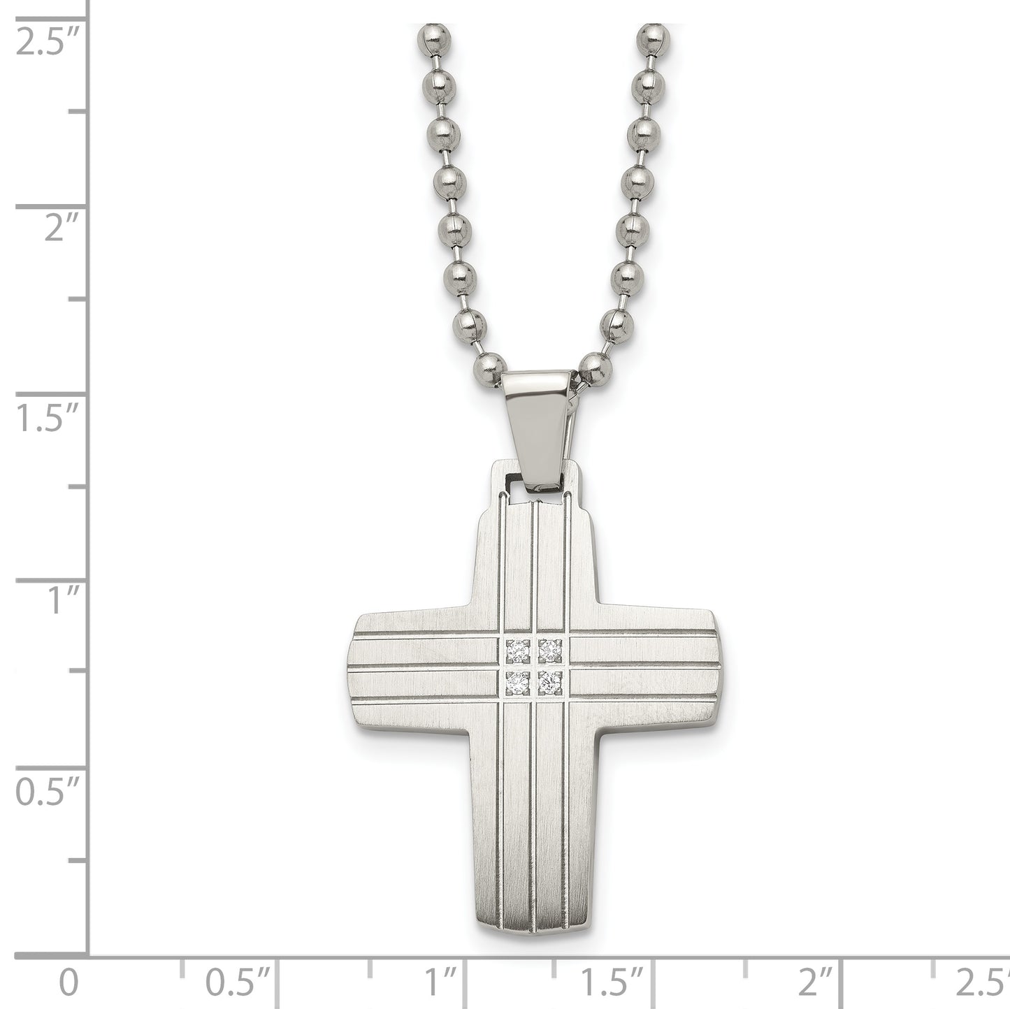 Stainless Steel Chisel Brushed And Polished With Cz Grooved Cross Pendant On A 22 Inch Ball Chain Necklace