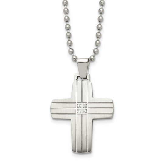 Stainless Steel Chisel Brushed And Polished With Cz Grooved Cross Pendant On A 22 Inch Ball Chain Necklace