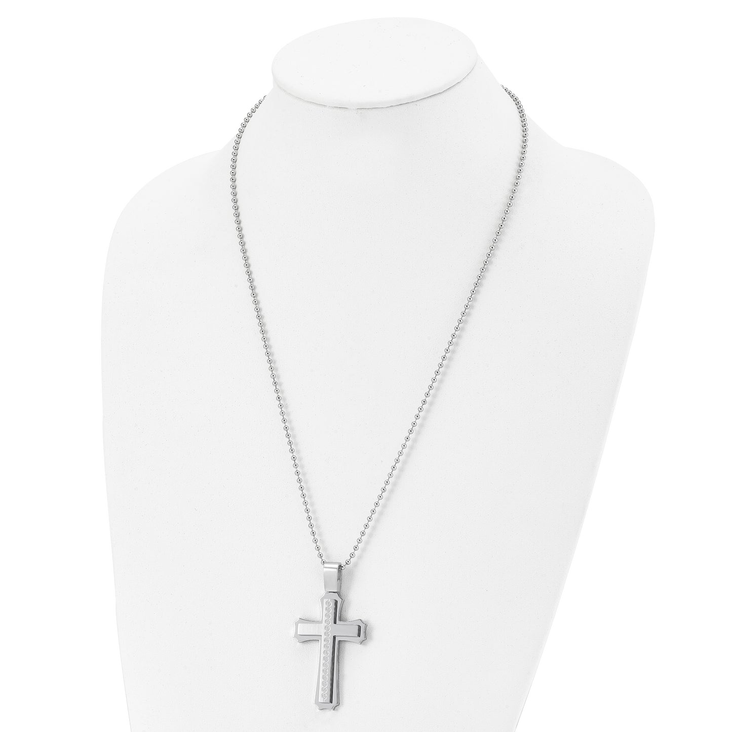 Stainless Steel Chisel Brushed And Polished Swirl Design Cross Pendant On A 24 Inch Ball Chain Necklace