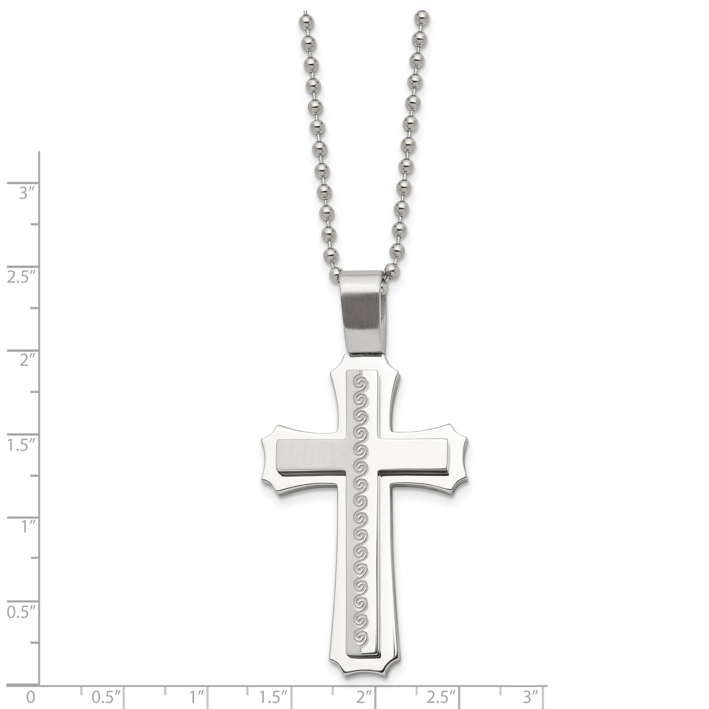 Stainless Steel Chisel Brushed And Polished Swirl Design Cross Pendant On A 24 Inch Ball Chain Necklace