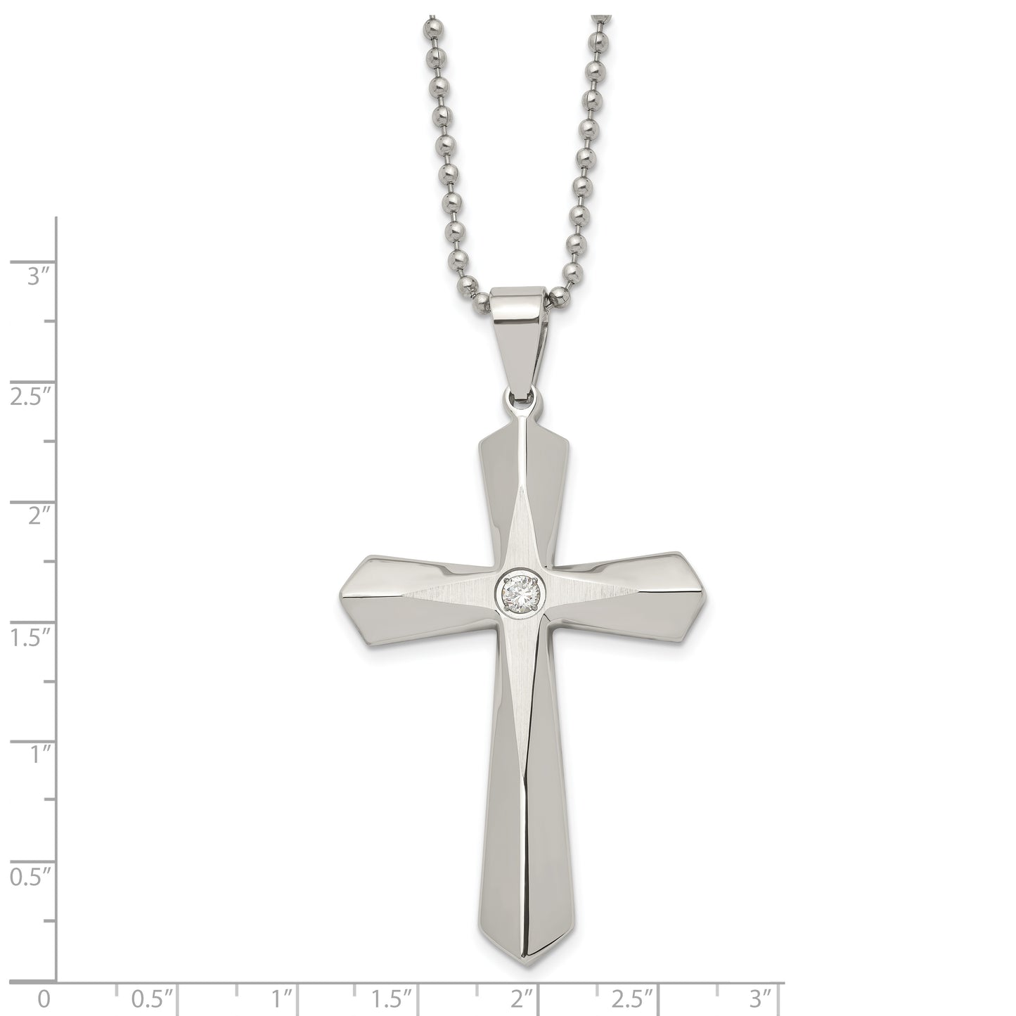 Stainless Steel Chisel Brushed And Polished With Cz Cross Pendant On A 24 Inch Ball Chain Necklace