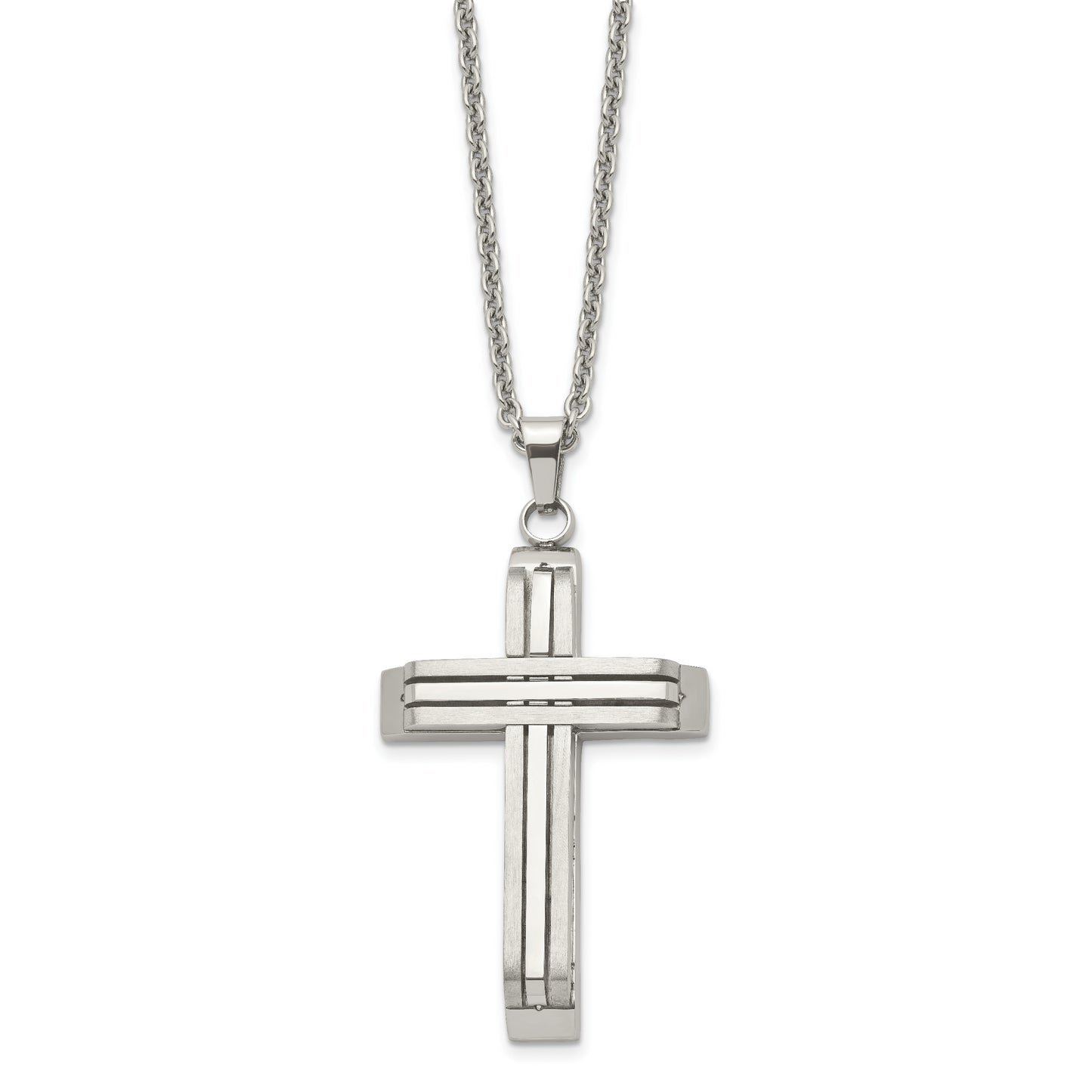 Stainless Steel Chisel Brushed And Polished Cross On A 22 Inch Cable Chain Necklace