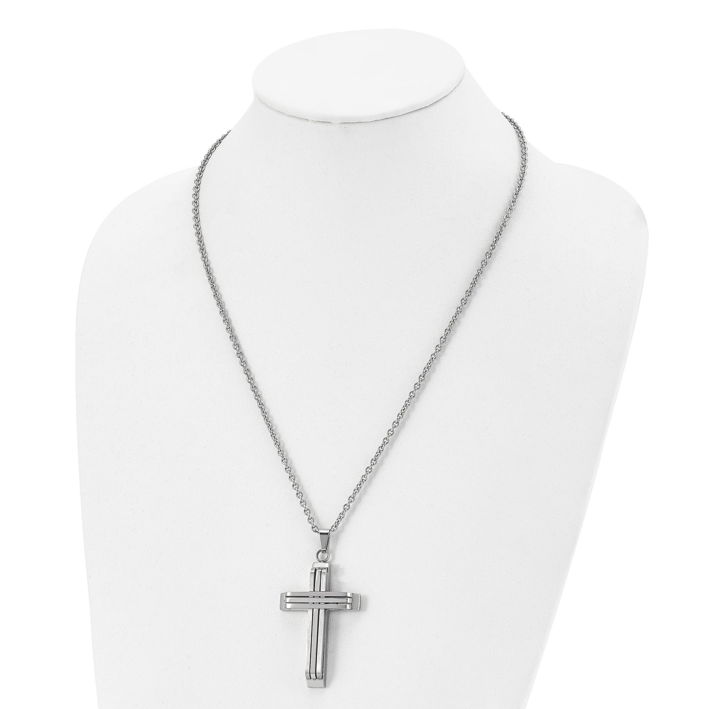 Stainless Steel Chisel Brushed And Polished Cross On A 22 Inch Cable Chain Necklace