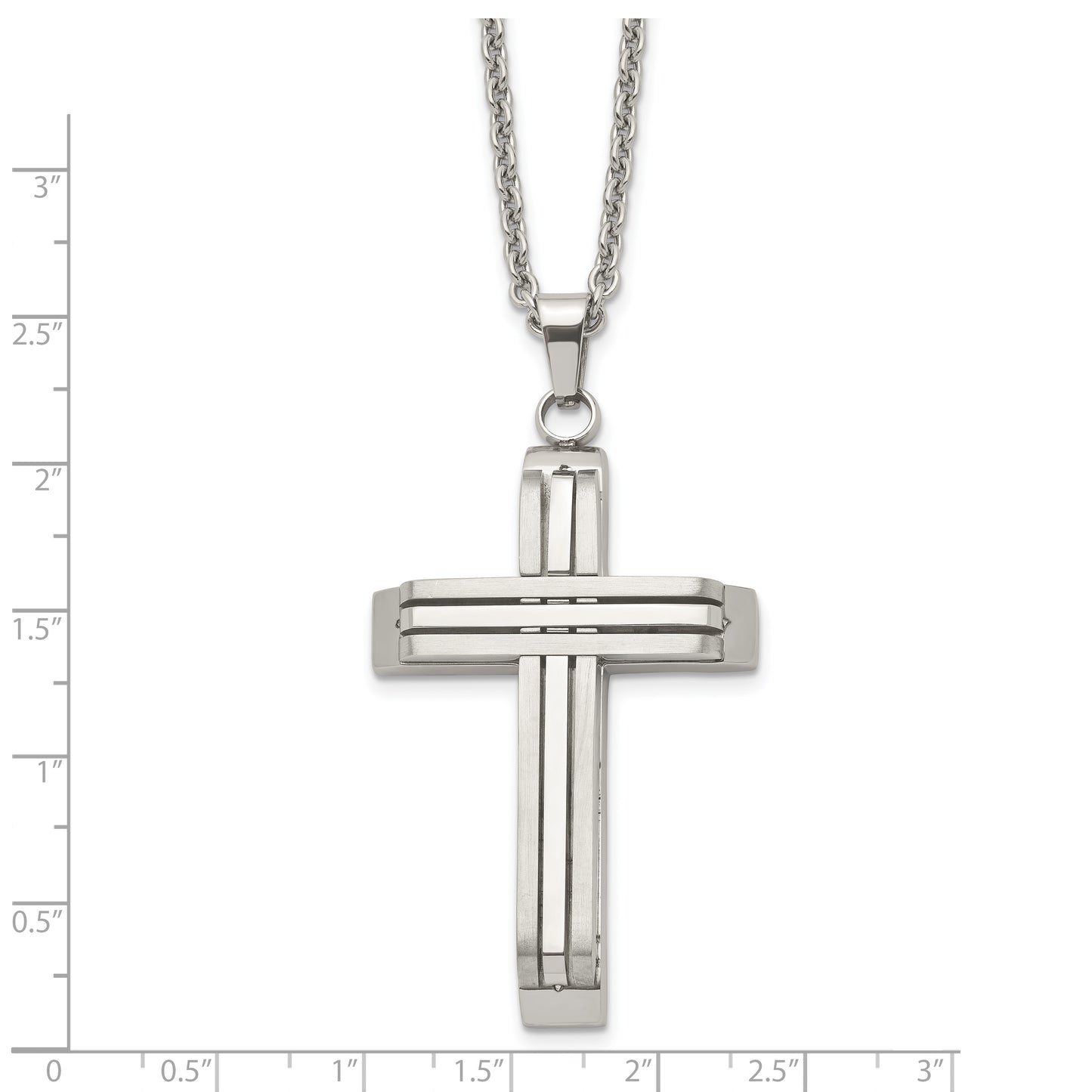 Stainless Steel Chisel Brushed And Polished Cross On A 22 Inch Cable Chain Necklace