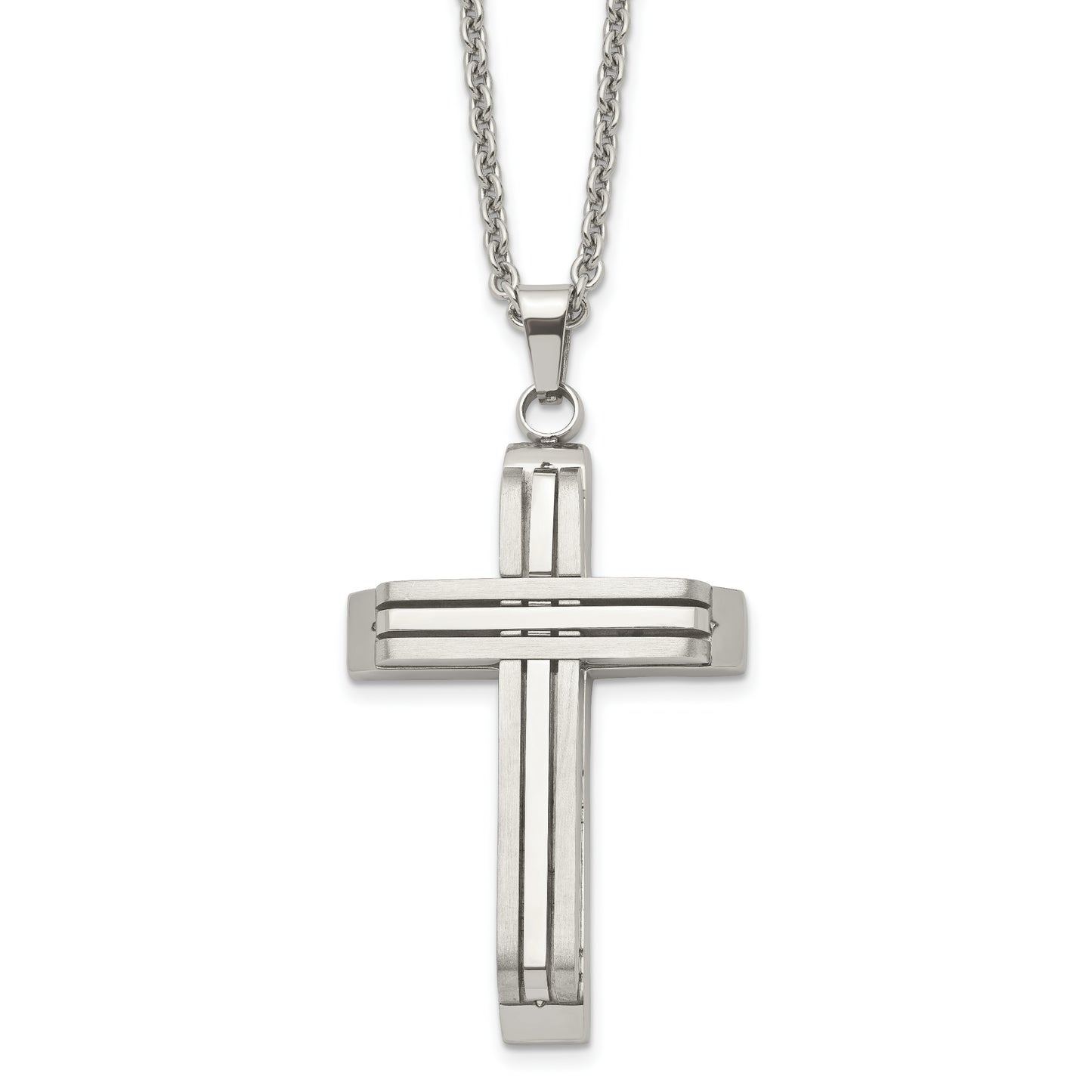 Stainless Steel Chisel Brushed And Polished Cross On A 22 Inch Cable Chain Necklace