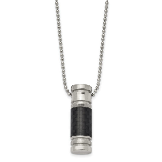 Stainless Steel Chisel Polished With Black Carbon Fiber Inlay Cylinder On A 22 Inch Ball Chain Necklace