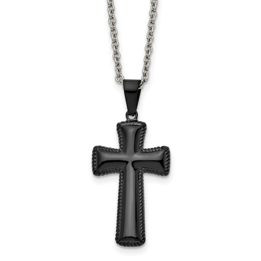 Stainless Steel Chisel Polished Black Ip-Plated Medium Pillow Cross Pendant On An 18 Inch Cable Chain Necklace