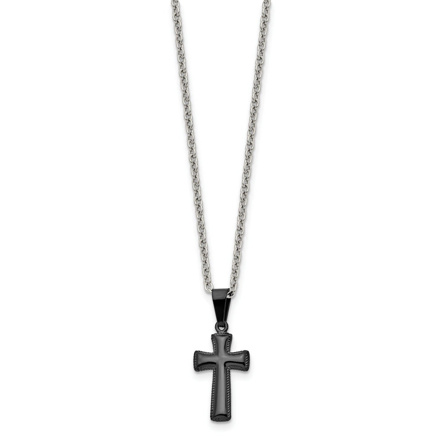 Stainless Steel Chisel Polished Black Ip-Plated Small Pillow Cross Pendant On A 16 Inch Cable Chain Necklace