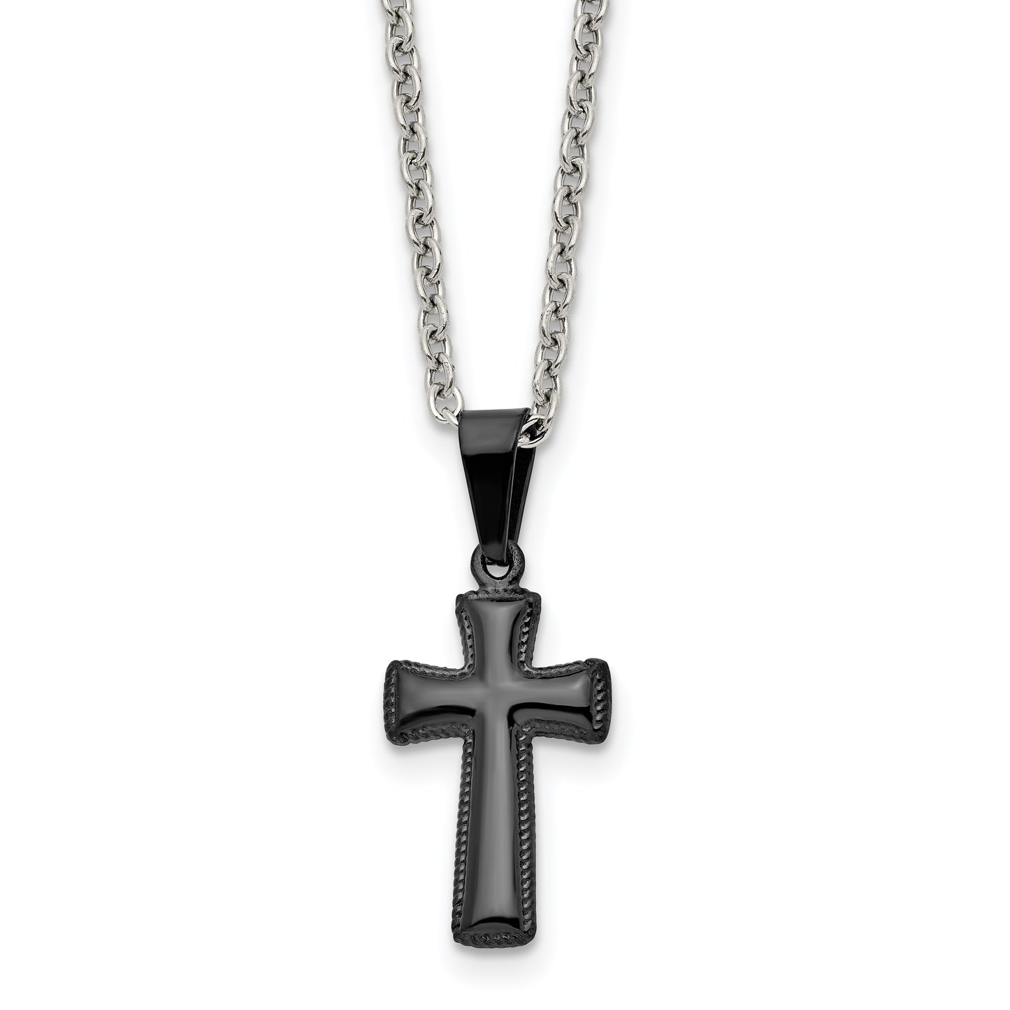 Stainless Steel Chisel Polished Black Ip-Plated Small Pillow Cross Pendant On A 16 Inch Cable Chain Necklace