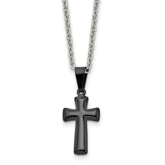 Stainless Steel Chisel Polished Black Ip-Plated Small Pillow Cross Pendant On A 16 Inch Cable Chain Necklace