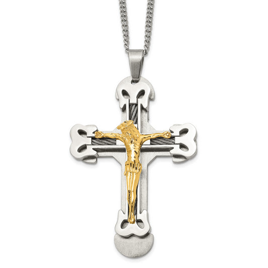 Stainless Steel Chisel Brushed And Polished Yellow Ip-Plated With Cable Crucifix Pendant On A 24 Inch Curb Chain Necklace