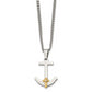 Stainless Steel Chisel Polished With 14K Gold And .02 Carat Diamond Anchor Mariner Cross Pendant On A 24 Inch Curb Chain Necklace