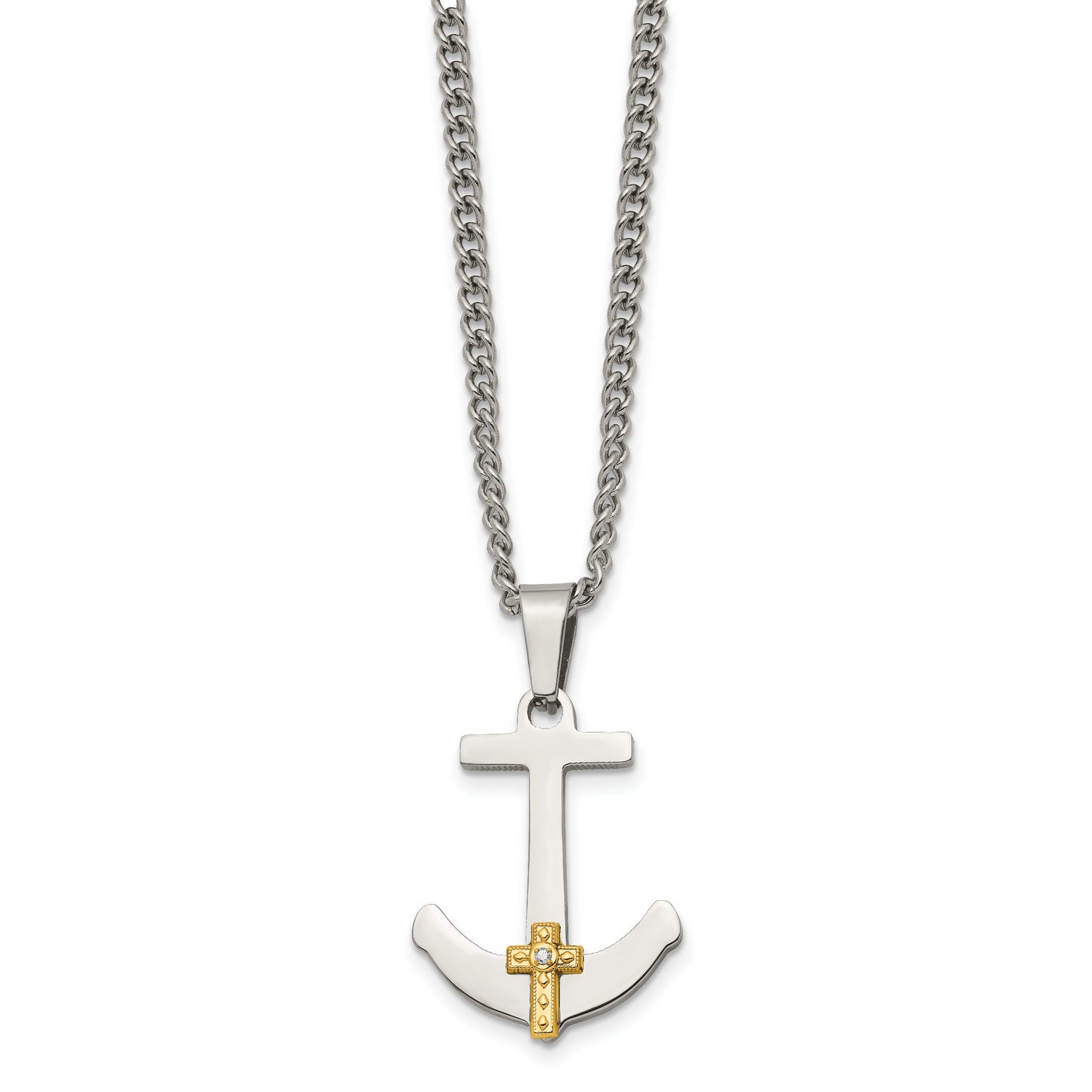 Stainless Steel Chisel Polished With 14K Gold And .02 Carat Diamond Anchor Mariner Cross Pendant On A 24 Inch Curb Chain Necklace