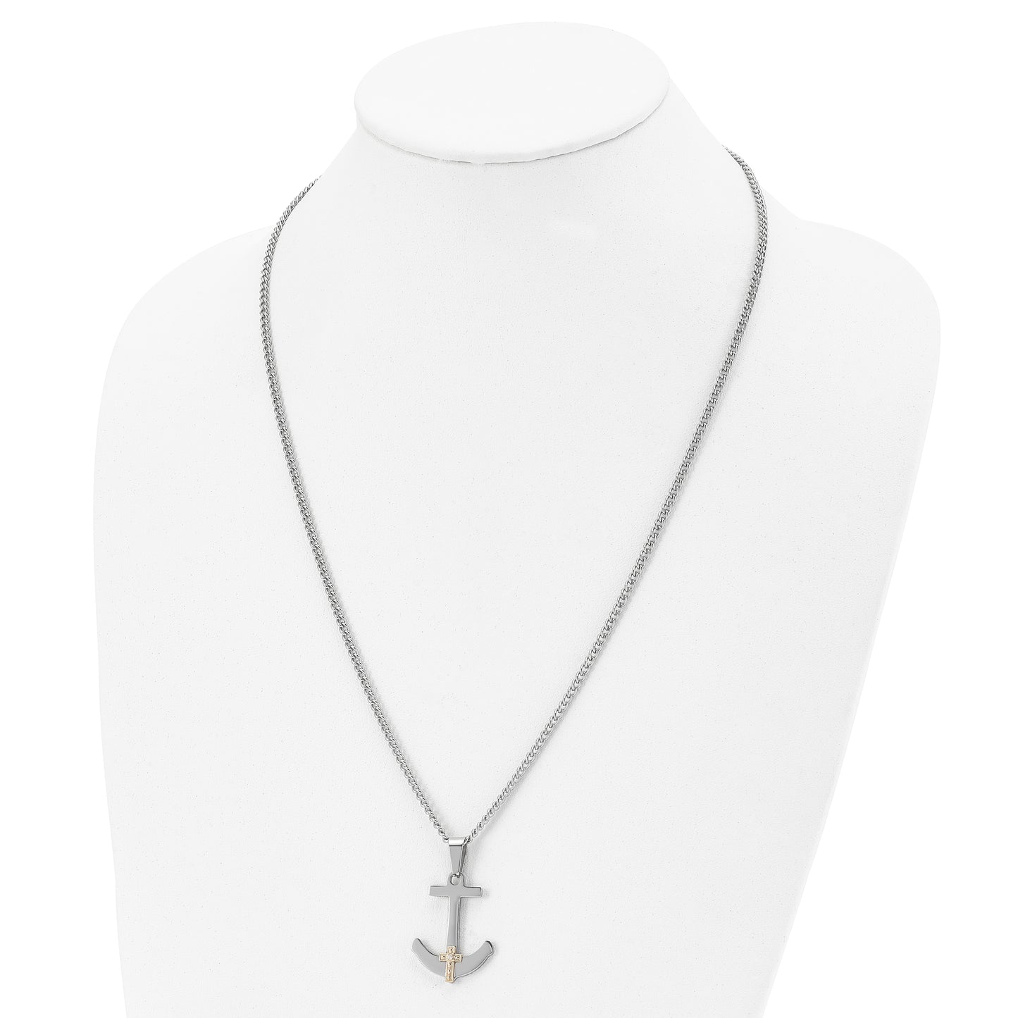 Stainless Steel Chisel Polished With 14K Gold And .02 Carat Diamond Anchor Mariner Cross Pendant On A 24 Inch Curb Chain Necklace