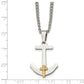 Stainless Steel Chisel Polished With 14K Gold And .02 Carat Diamond Anchor Mariner Cross Pendant On A 24 Inch Curb Chain Necklace