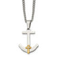 Stainless Steel Chisel Polished With 14K Gold And .02 Carat Diamond Anchor Mariner Cross Pendant On A 24 Inch Curb Chain Necklace