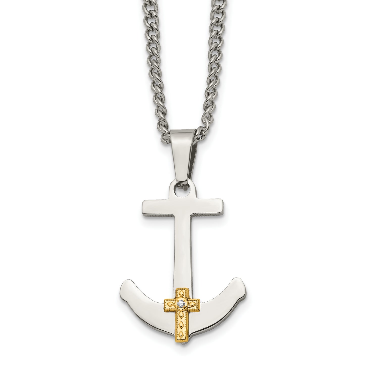 Stainless Steel Chisel Polished With 14K Gold And .02 Carat Diamond Anchor Mariner Cross Pendant On A 24 Inch Curb Chain Necklace