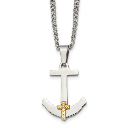 Stainless Steel Chisel Polished With 14K Gold And .02 Carat Diamond Anchor Mariner Cross Pendant On A 24 Inch Curb Chain Necklace