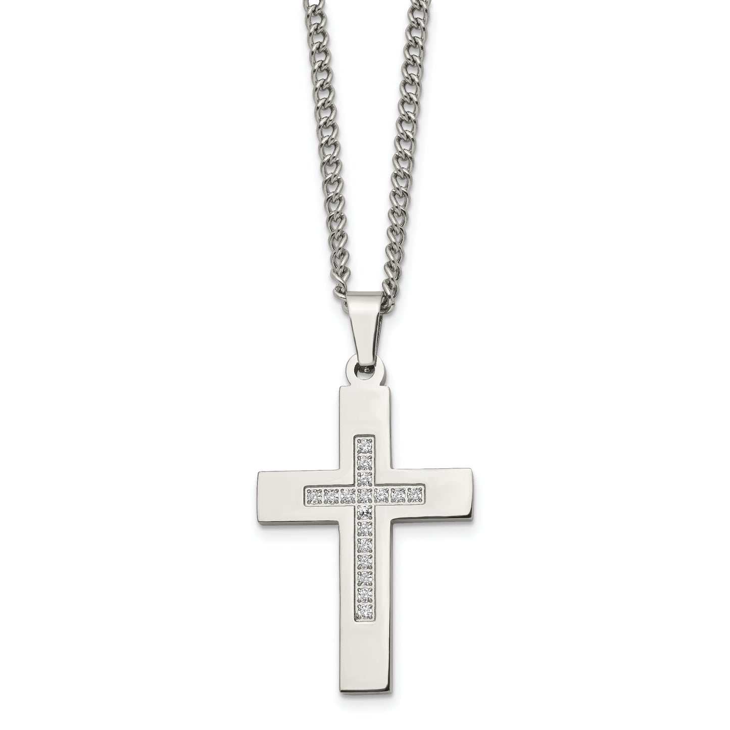 Stainless Steel Chisel Polished With Cz Cross Pendant On A 24 Inch Cable Chain Necklace