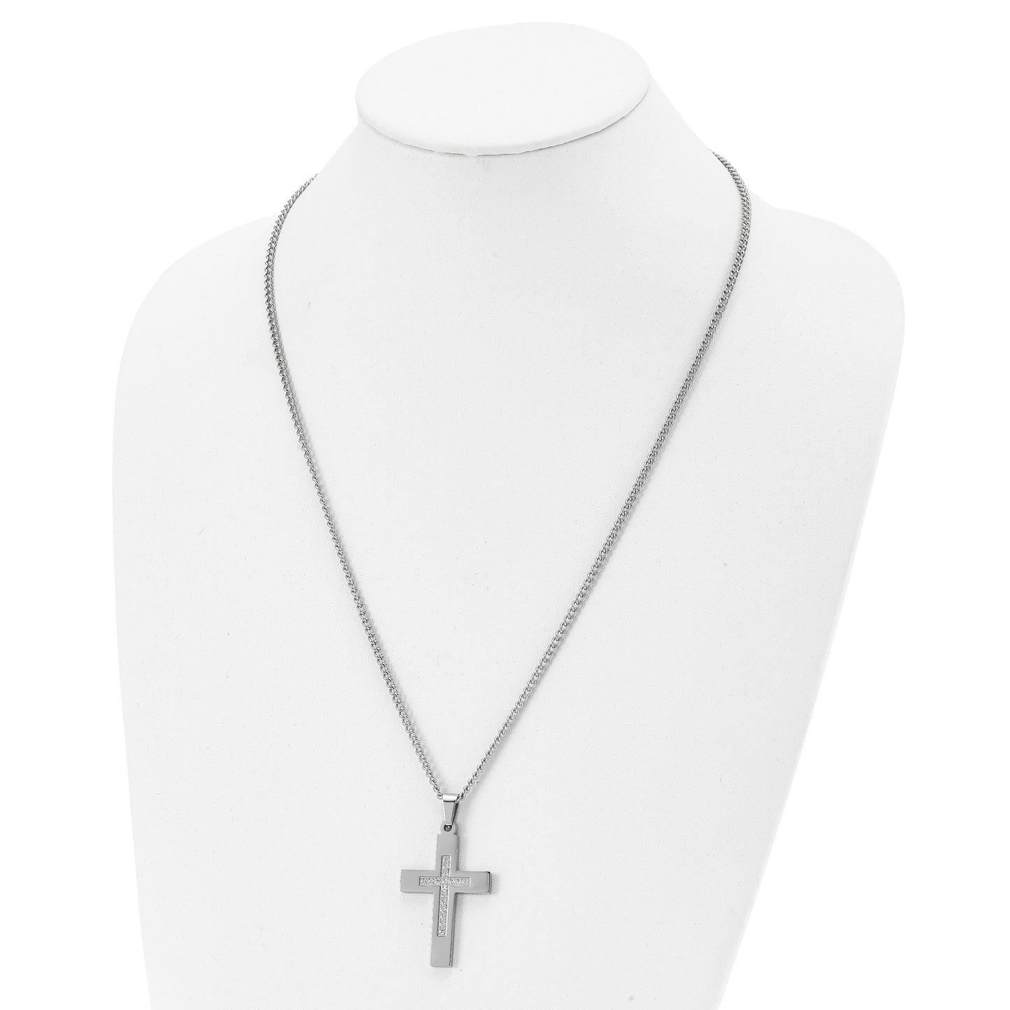 Stainless Steel Chisel Polished With Cz Cross Pendant On A 24 Inch Cable Chain Necklace