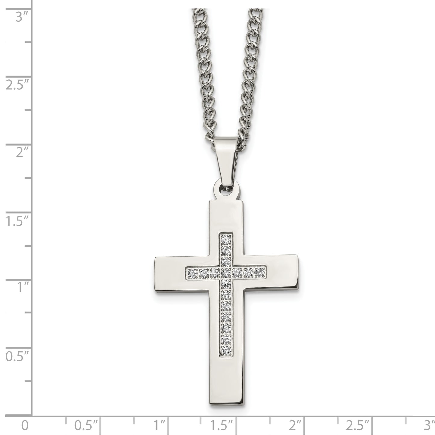 Stainless Steel Chisel Polished With Cz Cross Pendant On A 24 Inch Cable Chain Necklace