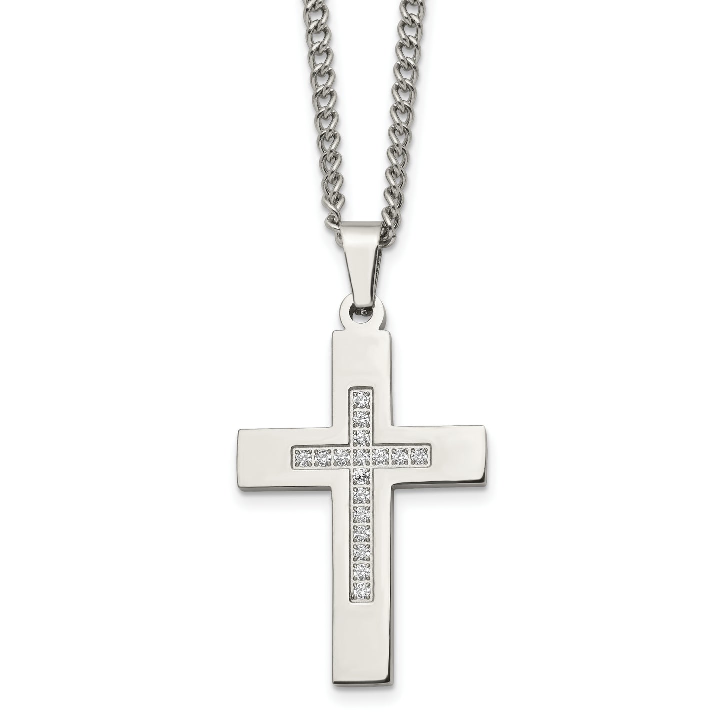 Stainless Steel Chisel Polished With Cz Cross Pendant On A 24 Inch Cable Chain Necklace