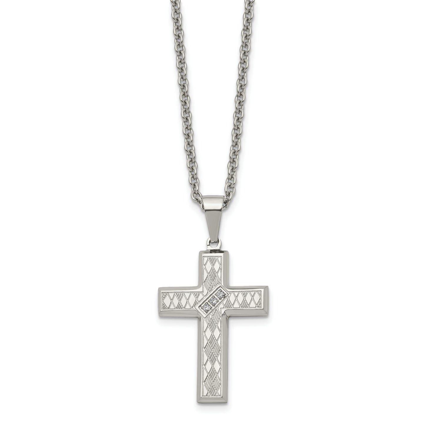 Stainless Steel Chisel Polished And Textured With Cz Cross Pendant On A 20 Inch Cable Chain Necklace