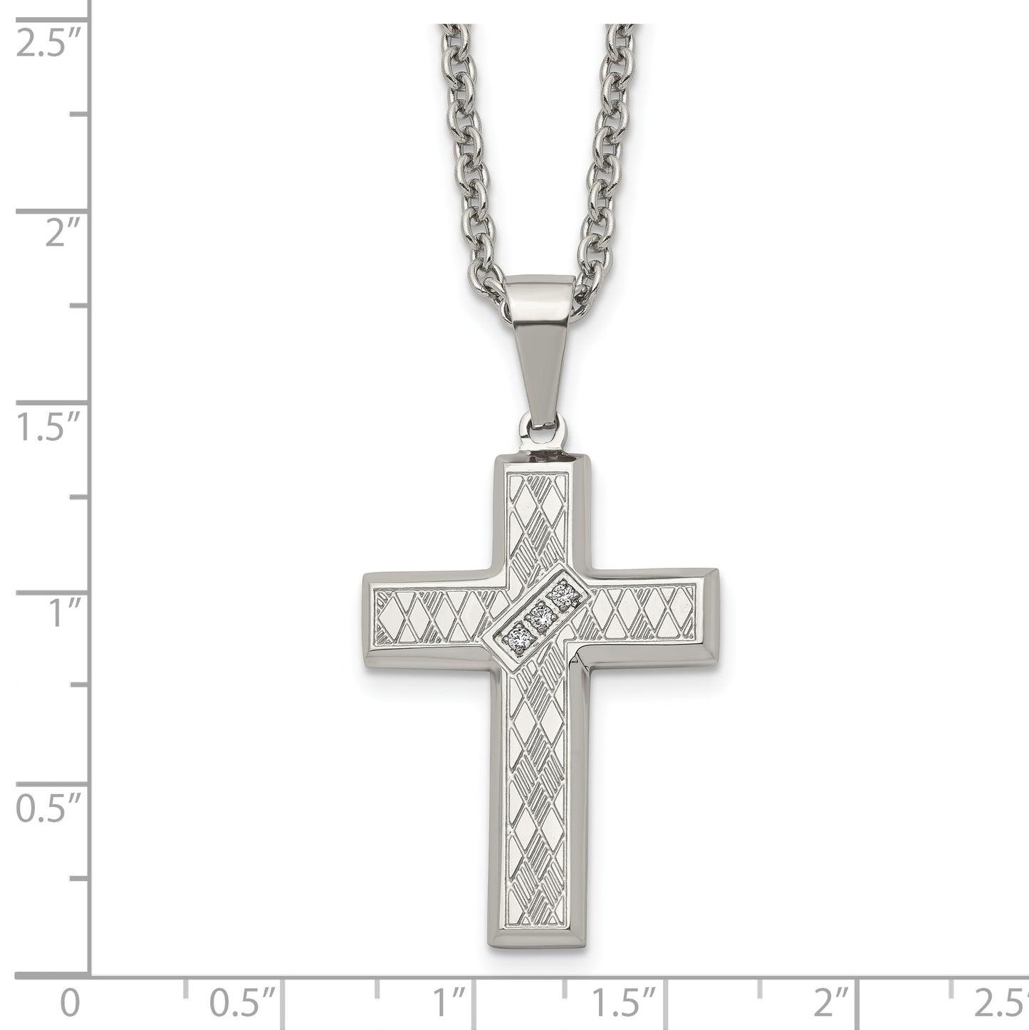 Stainless Steel Chisel Polished And Textured With Cz Cross Pendant On A 20 Inch Cable Chain Necklace