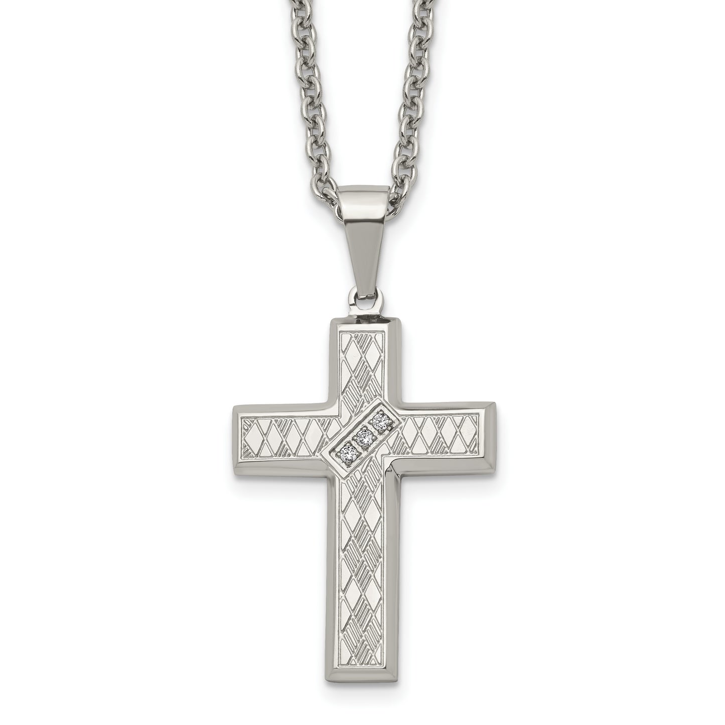 Stainless Steel Chisel Polished And Textured With Cz Cross Pendant On A 20 Inch Cable Chain Necklace