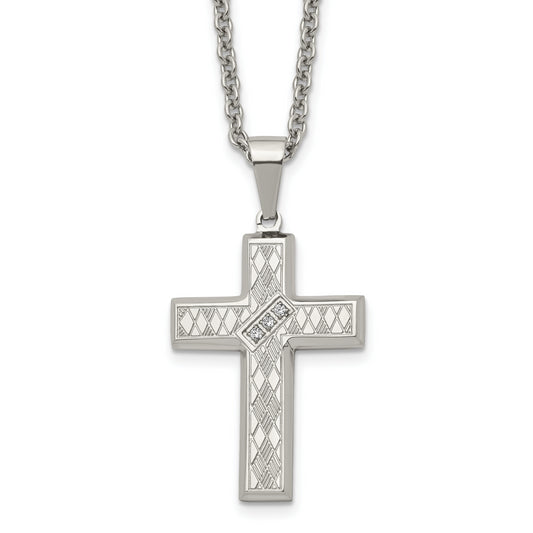 Stainless Steel Chisel Polished And Textured With Cz Cross Pendant On A 20 Inch Cable Chain Necklace