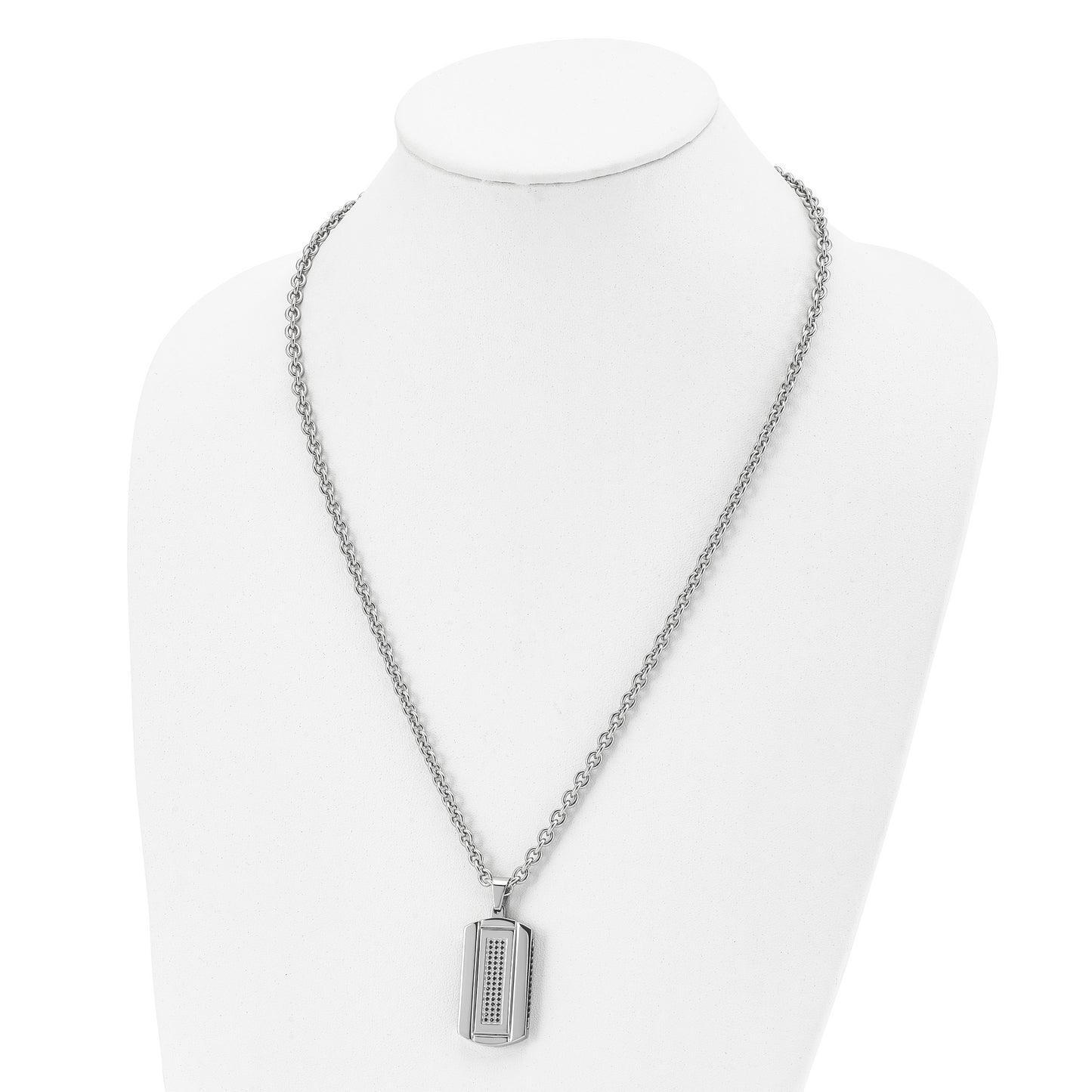 Stainless Steel Chisel Brushed And Polished Black Ip-Plated With Cz Dog Tag On A 24 Inch Cable Chain Necklace