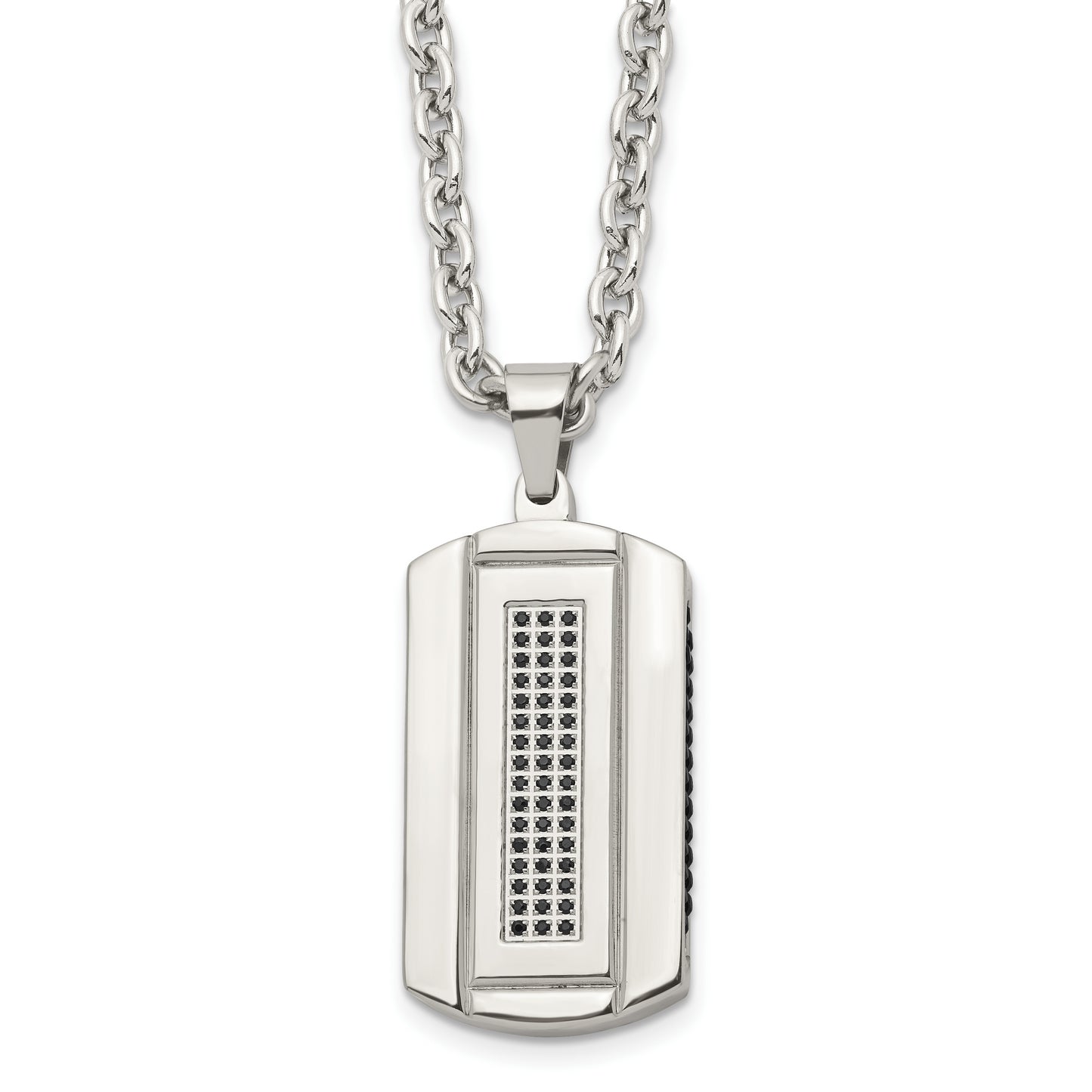 Stainless Steel Chisel Brushed And Polished Black Ip-Plated With Cz Dog Tag On A 24 Inch Cable Chain Necklace