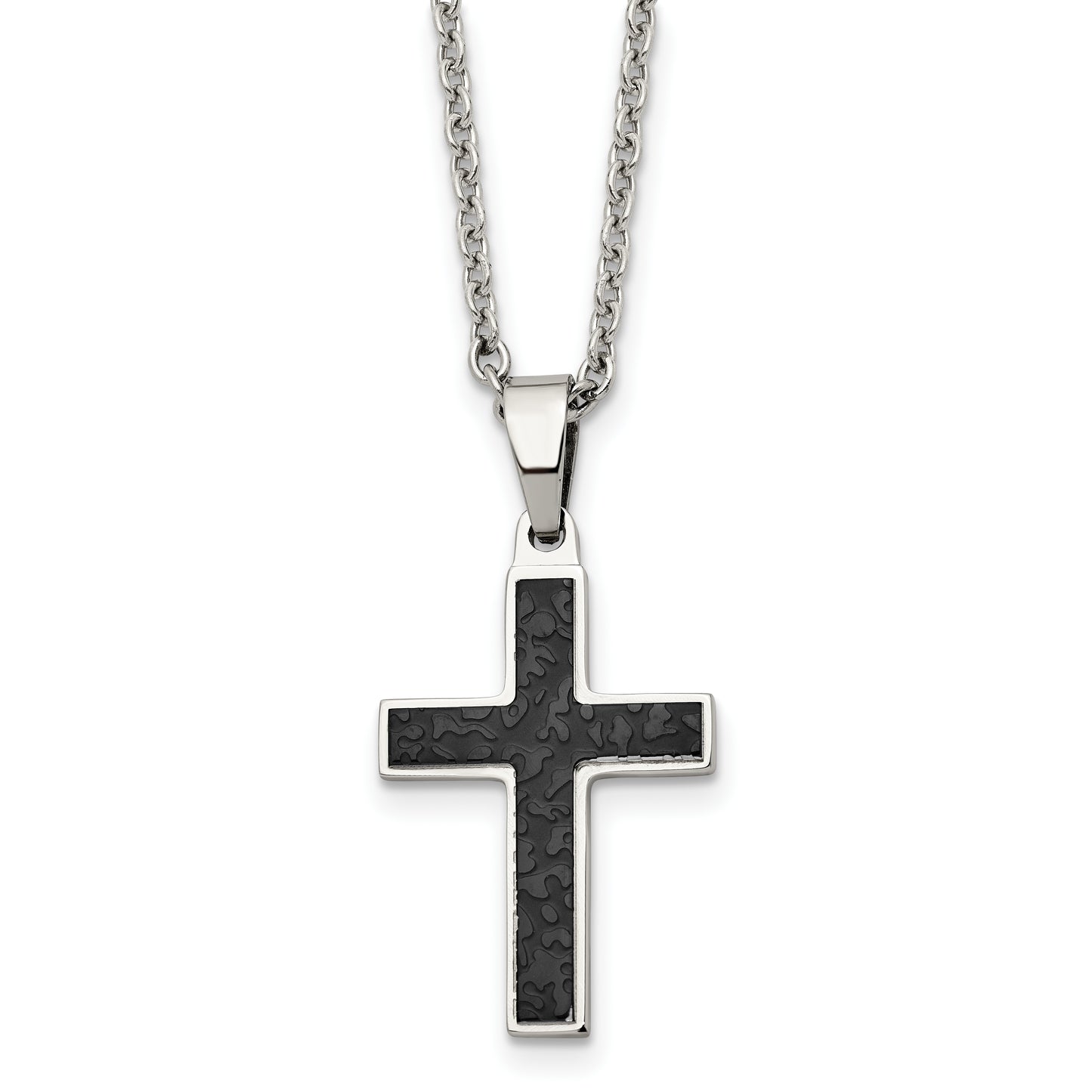 Stainless Steel Chisel Polished And Textured Black Ip-Plated Cross Pendant On A 24 Inch Cable Chain Necklace