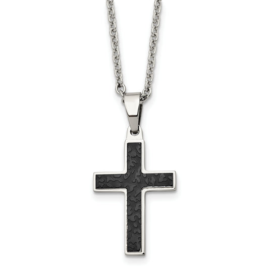 Stainless Steel Chisel Polished And Textured Black Ip-Plated Cross Pendant On A 24 Inch Cable Chain Necklace