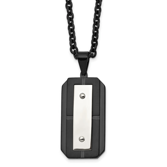 Stainless Steel Chisel Brushed And Polished Black Ip-Plated Dog Tag On A 24 Inch Cable Chain Necklace