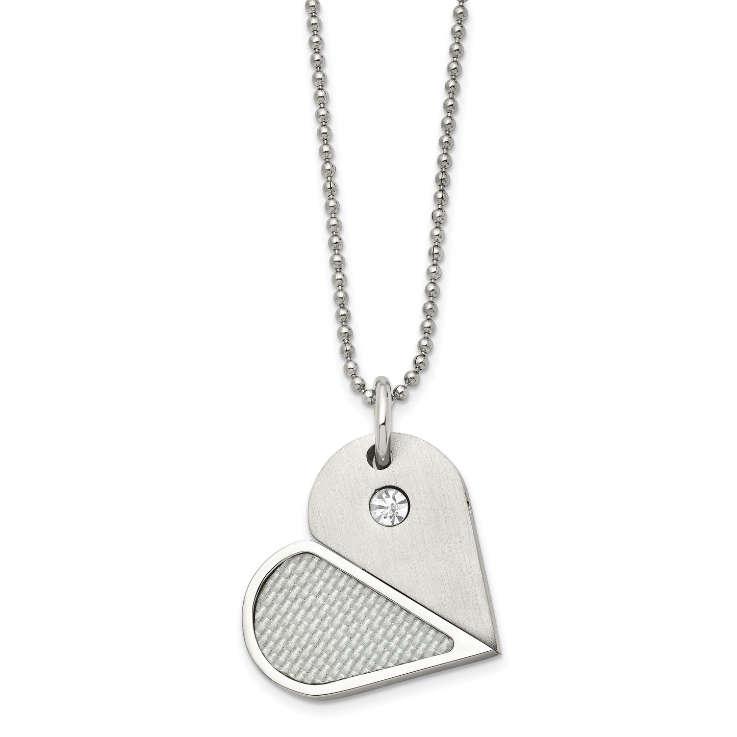 22 Inch Chisel Stainless Steel Brushed And Polished With Cz Carbon Fiber Inlay Movable Dogtag/Heart Pendant On A In Ball Chain Necklace