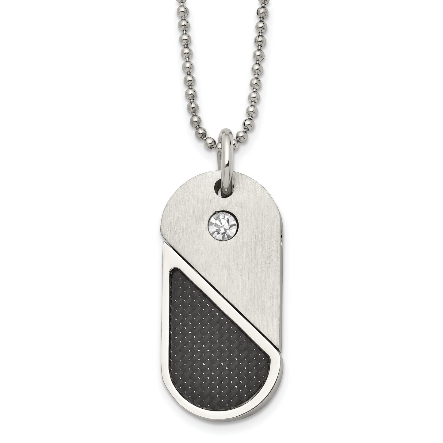 22 Inch Chisel Stainless Steel Brushed And Polished With Cz Carbon Fiber Inlay Movable Dogtag/Heart Pendant On A In Ball Chain Necklace